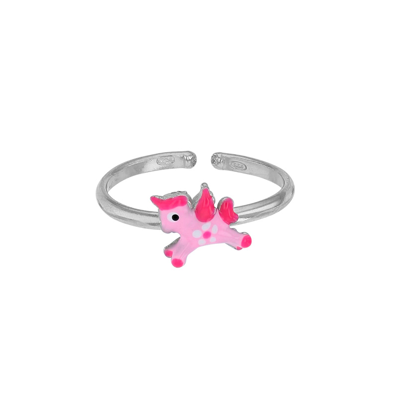 Bague réglable licorne, émail rose, argent 925/1000 rhodié