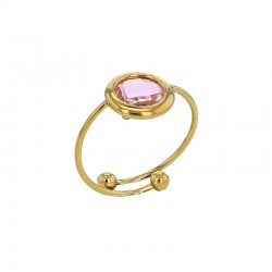 Bague réglable ornée d'un rond en verre facetté bleu marine, acier doré