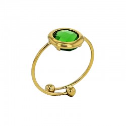 Bague réglable ornée d'un rond en verre facetté bleu marine, acier doré
