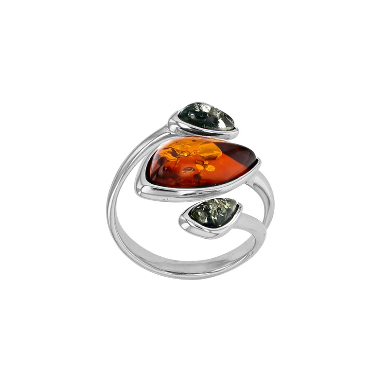 Bague réglable ornée de 2 pierres ambre vertes et cognac, argent 925/1000 rhodié