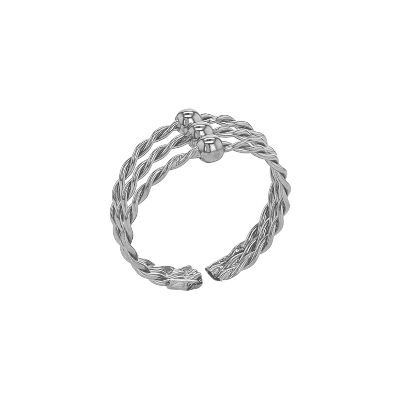 Bague réglable ornée 3 rangs torsadés et boules, taille 52 - 54 en argent 925/1000 rhodié
