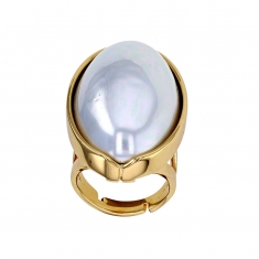 Bague réglable ovale ornée dune grande perle de Majorque blanc nacré, laiton doré