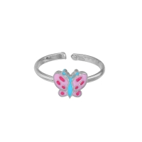 Bague réglable papillon émaillé rose, argent 925/1000 rhodié