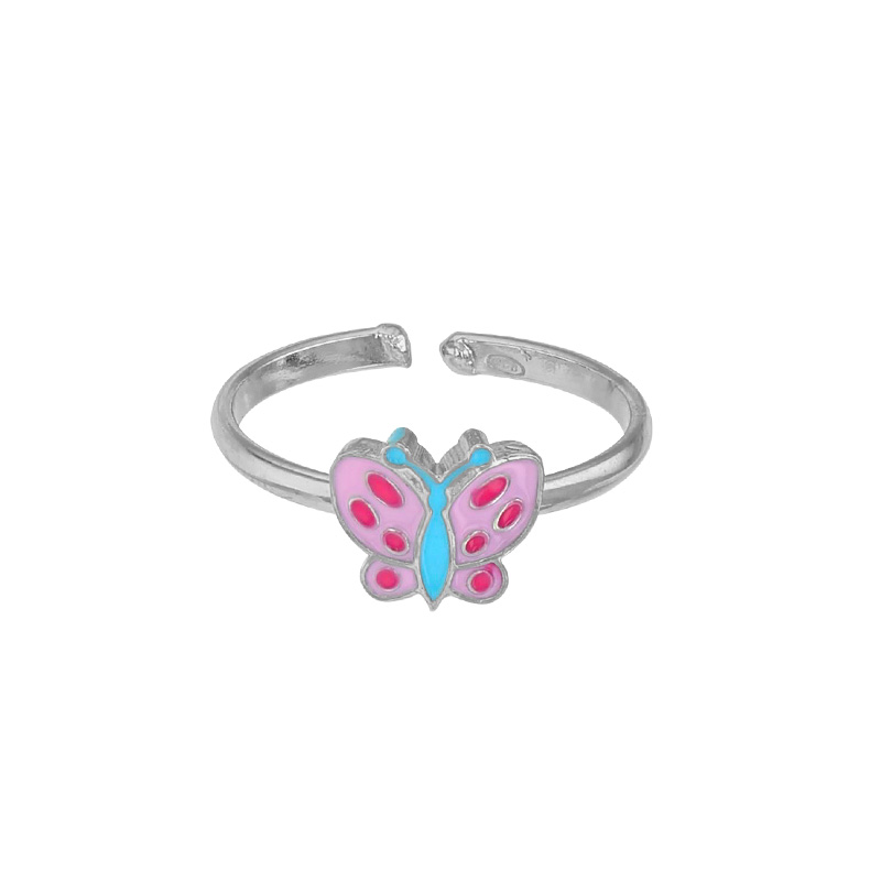 Bague réglable papillon émaillé rose, argent 925/1000 rhodié