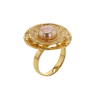 Bague réglable ronde, argent 925/1000 doré, avec perle de culture d'eau douce