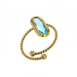 Bague réglable torsadé orné d'un ovale en verre facetté rouge, acier doré