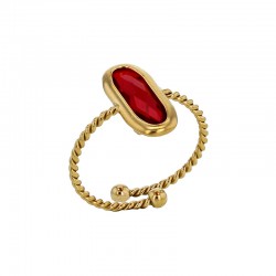 Bague réglable torsadé orné d'un ovale en verre facetté rouge, acier doré