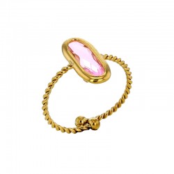 Bague réglable torsadé orné d'un ovale en verre facetté rouge, acier doré