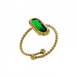 Bague réglable torsadée ornée d'un ovale en verre facetté rouge, acier doré