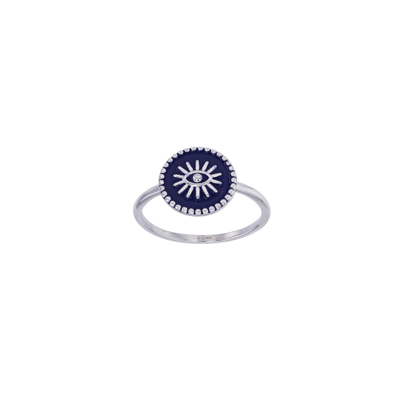 Bague rond perlé motif oeil en résine bleue, argent 925/1000 rhodié