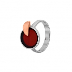 Bague ronde Ambre cerise et demi-cercle doré-rose, armature argent 925/1000 rhodié