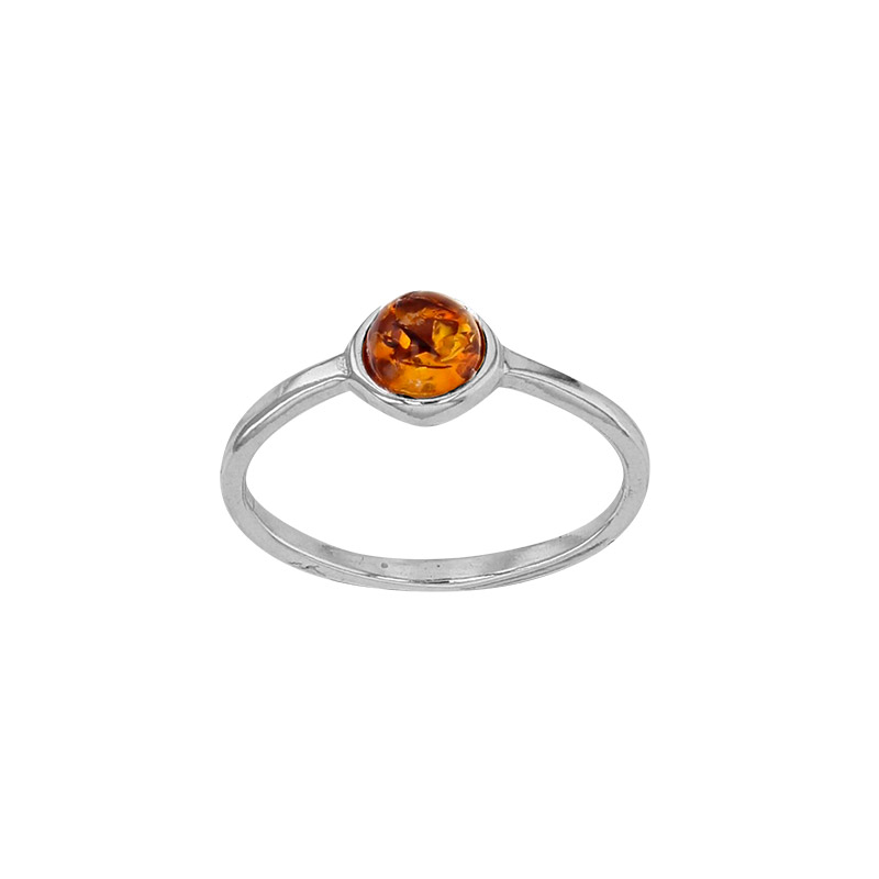 Bague ronde, ambre cognac sertie clos en argent 925/1000 rhodié