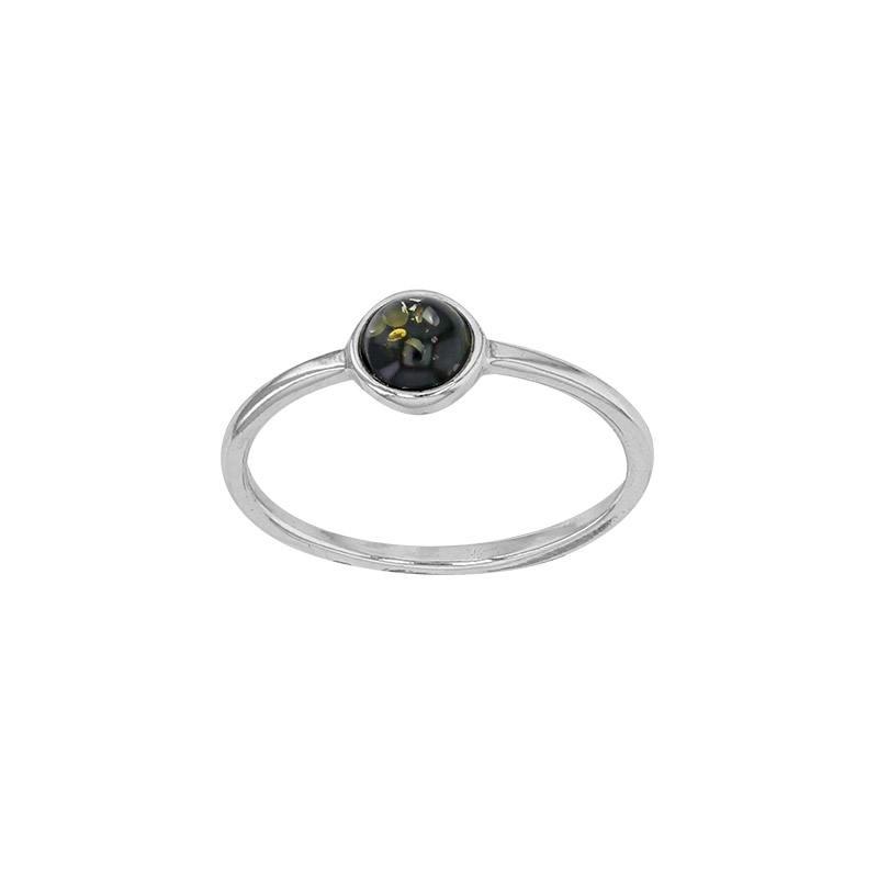 Bague ronde, ambre vert sertie clos en argent 925/1000 rhodié