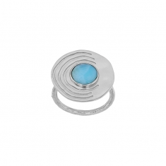 Bague ronde aspect martelé et pierre Larimar, argent 925/1000 platiné