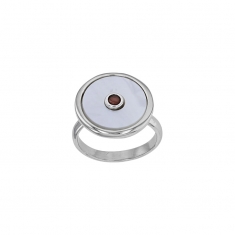 Bague ronde avec nacre et perle d'imitation rubis en argent 925/1000 rhodié