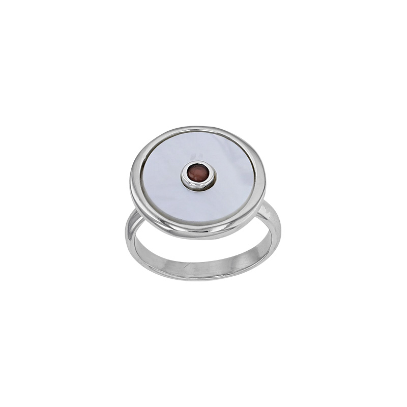 Bague ronde avec nacre et perle d'imitation rubis en argent 925/1000 rhodié