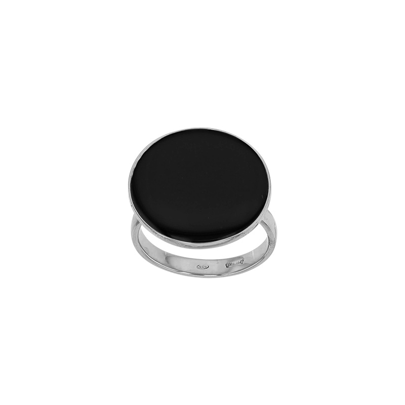 Bague ronde en émail noir, argent 925/1000 platiné