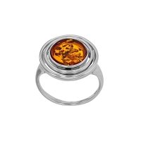 Bague ronde ornée d'une Ambre cognac en argent 925/1000 rhodié