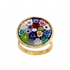 Bague ronde ornée de verre de Murano fleurs multicolores, argent 925/1000 doré