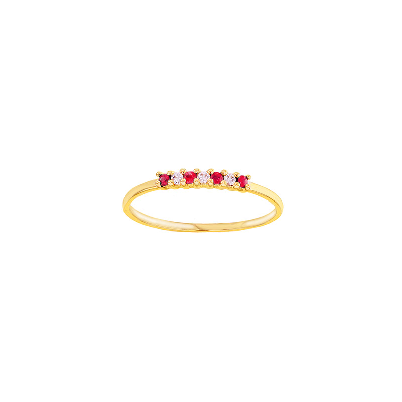 Bague 4 Rubis 1,5mm et 3 diamants 0,06ct GVS sertis griffes, Or 750/1000