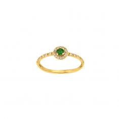 Bague solitaire Émeraude ronde 3mm, entourage 26 diamants HSI 0,12ct, Or 750/1000