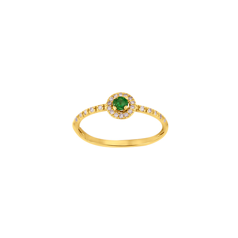 Bague solitaire Émeraude ronde 3mm, entourage 26 diamants HSI 0,12ct, Or 750/1000