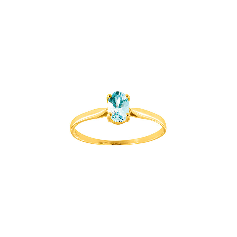 Bague solitaire Aigue-marine ovale 6x4mm serti 4 griffes, Or 750/1000