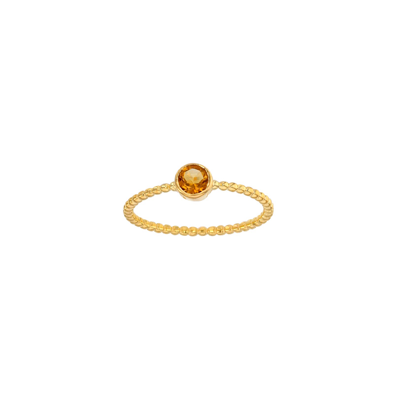 Bague solitaire Citrine serti clos 4mm, monture perlée Or 750/1000