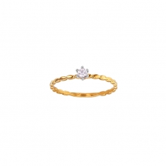 Bague solitaire diamant 0,10ct GVS serti 6 griffes, monture perlée oblongue Or 750/1000 bicolore