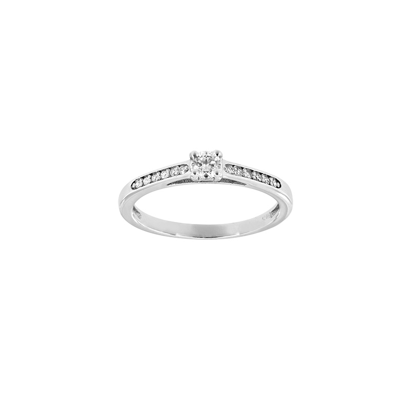 Bague solitaire épaulé 13 diamants HSI 0,22ct, Or blanc 750/1000