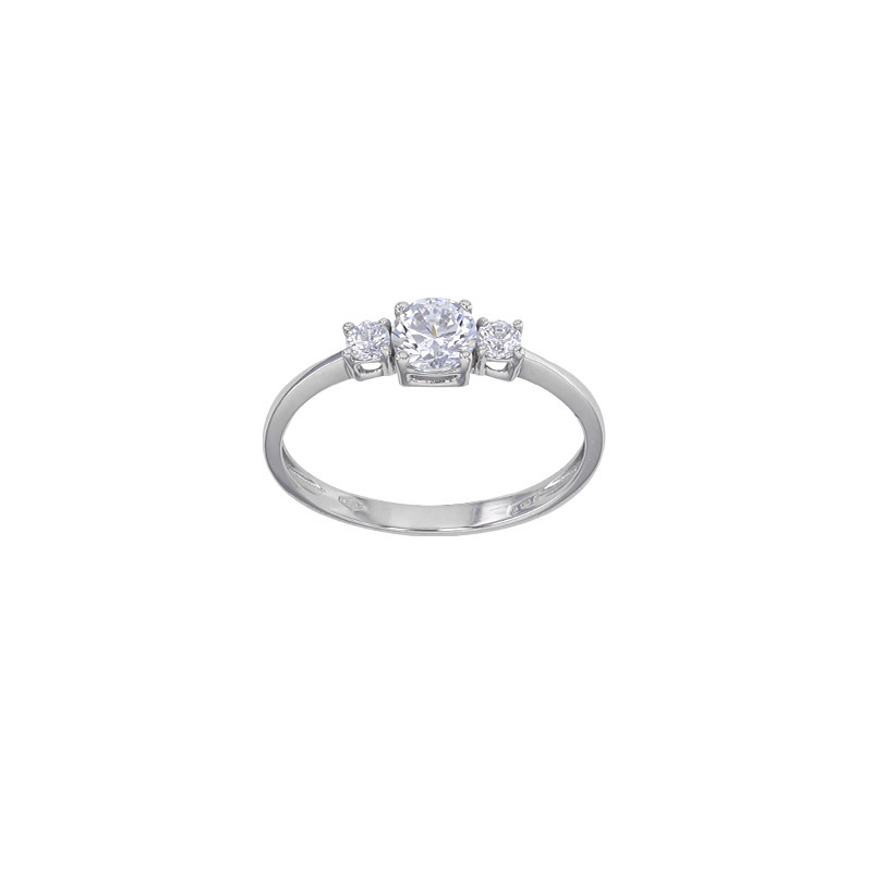 Bague solitaire épaulé par 2 oxydes de zirconium Or blanc 375/1000 - 4,5 et 2,5mm