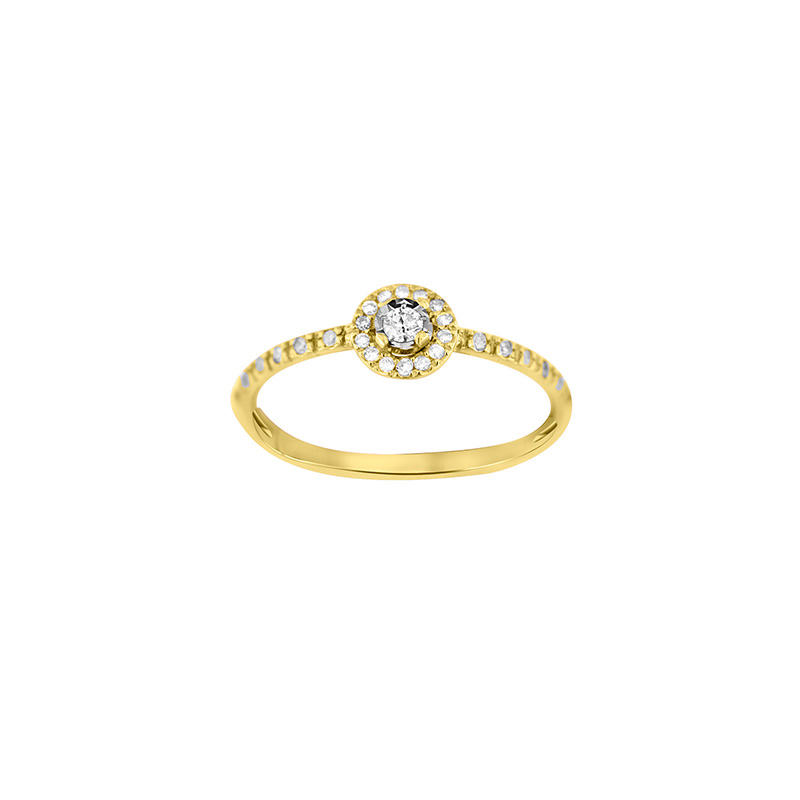 Bague solitaire épaulée 27 diamants HSI 0,21ct, entourage halo, Or 750/1000