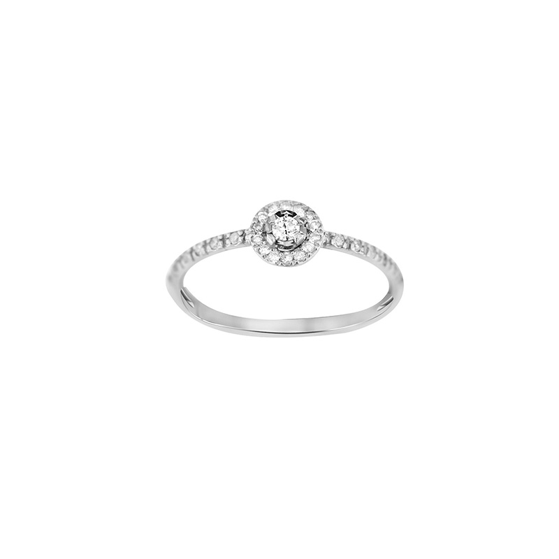 Bague solitaire épaulée 27 diamants HSI 0,21ct, entourage halo, Or 750/1000