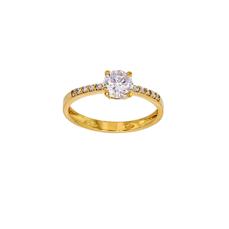 Bague solitaire Or 375/1000 avec oxyde de zirconium 6mm et épaules empierrées