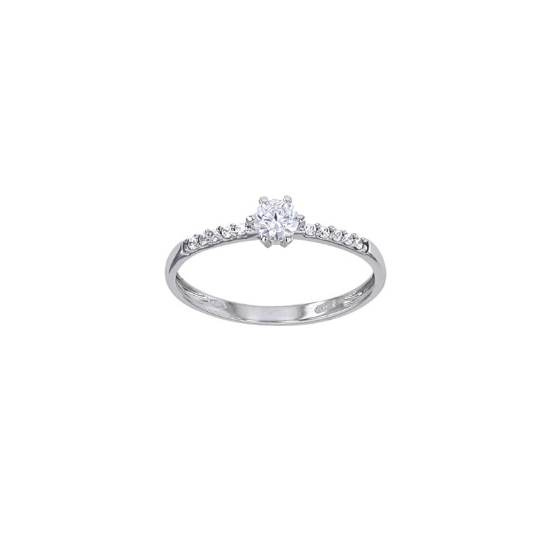 Bague solitaire Or blanc 375/1000 oxyde de zirconium 4mm serti 6 griffes et épaules empiérrées