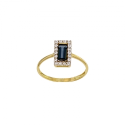 Bague solitaire oxyde bleu saphir taille baguette entouré d'oxydes blancs, Or 750/1000