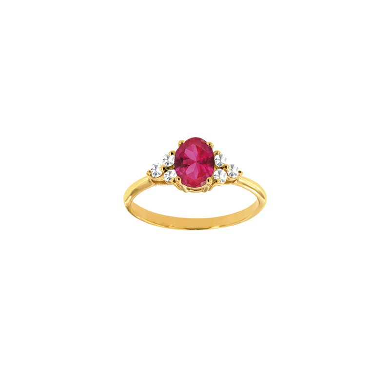 Bague solitaire Rubis ovale 7x5mm, épaulée de 6 diamants HSI 0,18ct, Or 750/1000