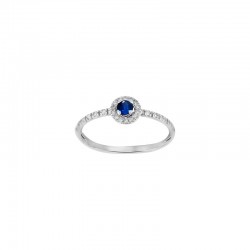 Bague solitaire Rubis rond, entourage 26 diamants HSI 0,12ct, Or blanc 750/1000