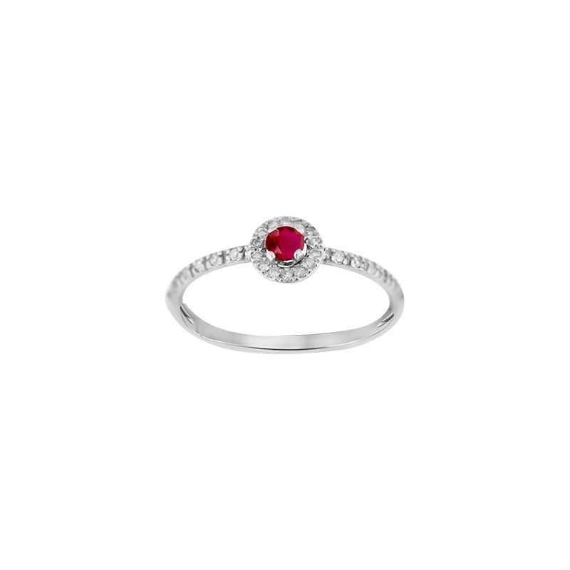 Bague solitaire Rubis rond, entourage 26 diamants HSI 0,12ct, Or blanc 750/1000