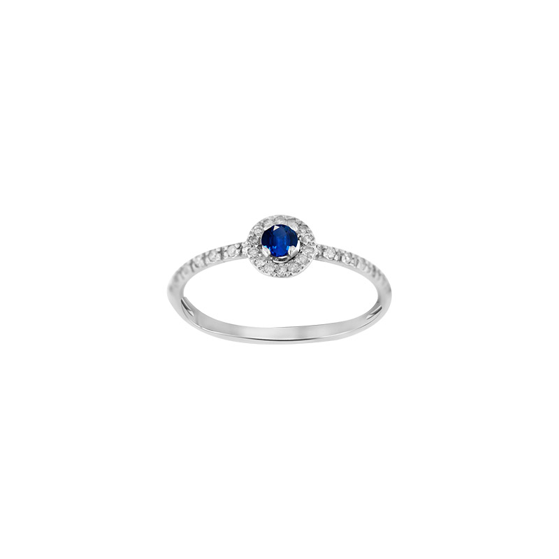 Bague solitaire Rubis rond, entourage 26 diamants HSI 0,12ct, Or blanc 750/1000