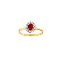 Bague solitaire Rubis taille ovale 6x4mm, entourage 17 diamants HSI 0,12ct, Or bicolore 750/1000