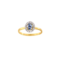 Bague solitaire Saphir de Ceylan ovale 6x4mm, entourage 17 diamants HSI 0,12ct, Or bicolore 750/1000