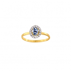 Bague solitaire Saphir de Ceylan ovale 6x4mm, entourage 17 diamants HSI 0,12ct, Or bicolore 750/1000