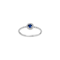 Bague solitaire Saphir de Ceylan rond 3mm, entourage 26 diamants HSI 0,12ct, Or blanc 750/1000