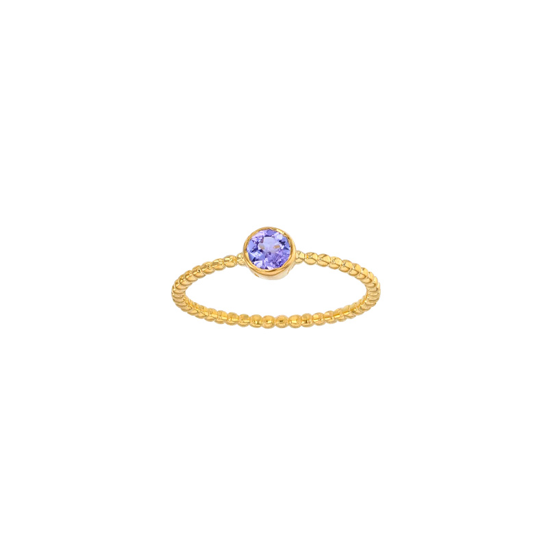 Bague solitaire Tanzanite serti clos 4mm, monture perlée Or 750/1000