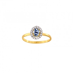 Bague solitaire Tanzanite taille ovale 6x4mm, entourage 17 diamants 0,12ct, Or blanc 750/1000