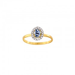 Bague solitaire Tanzanite taille ovale 6x4mm, entourage 17 diamants 0,12ct, Or blanc 750/1000
