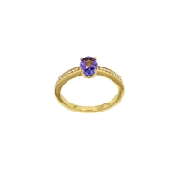 Bague solitaire Tanzanite taille ovale 7x5mm, épaulée de 16 diamants 0,10ct HSI, Or 750/1000