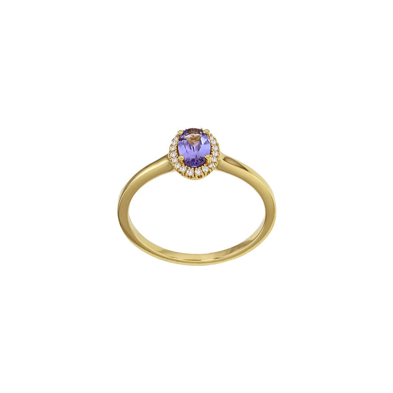 Bague solitaire Tanzanite taille ovale 6x4mm, entourage 20 diamants 0,08ct HSI, Or 750/1000