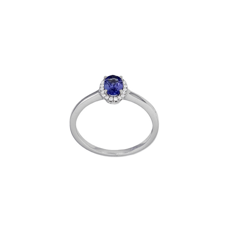 Bague solitaire Tanzanite taille ovale 6x4mm, entourage 20 diamants 0,08ct HSI, Or 750/1000